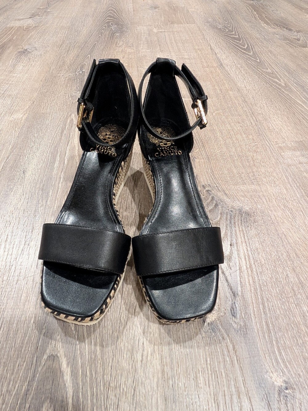 Vince Camuto Jefannah Black Leather Espadrille Wedge Sandals Women's Size 6.5M